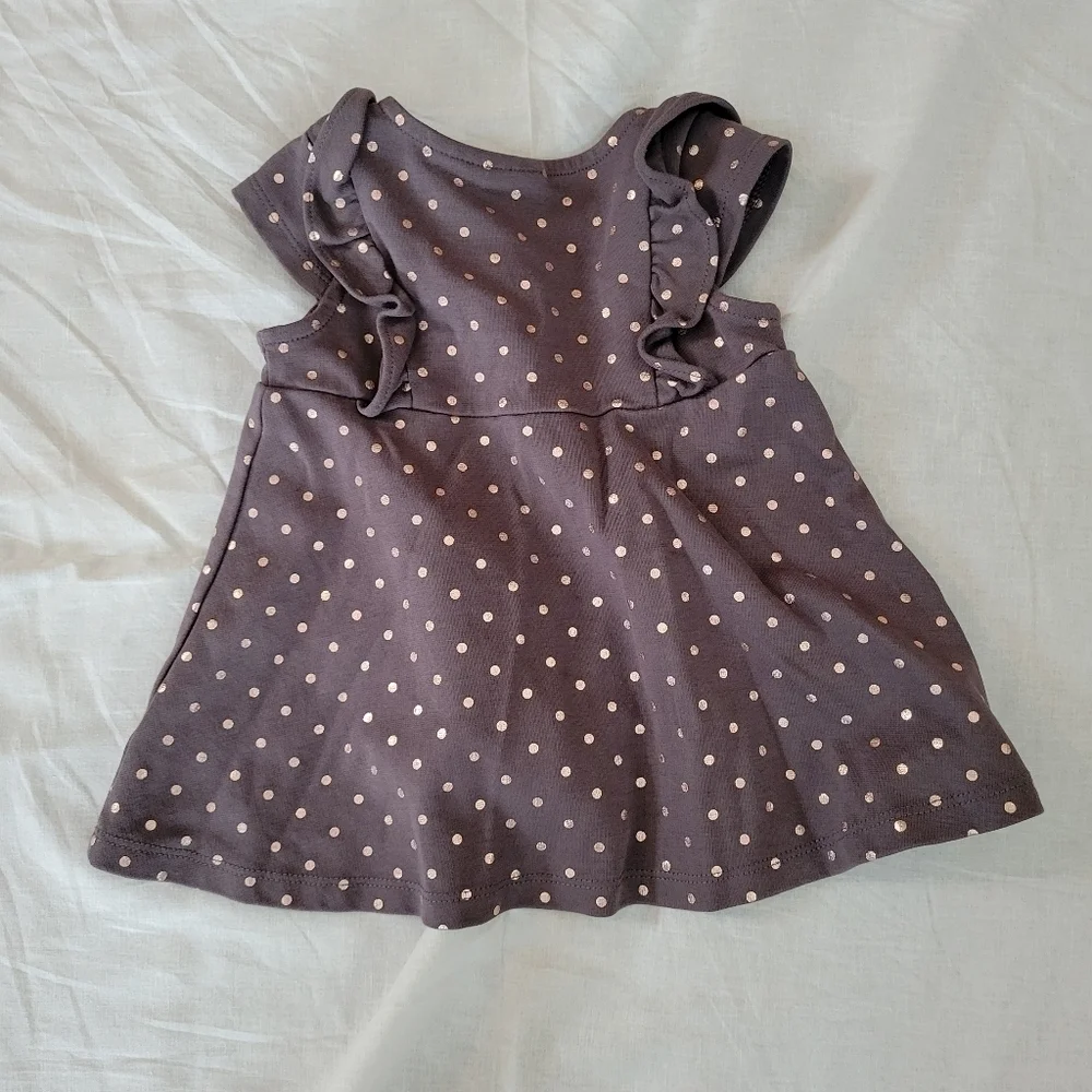 Tahari grey/brown gold polkadot sleeveless flutter dress 12m